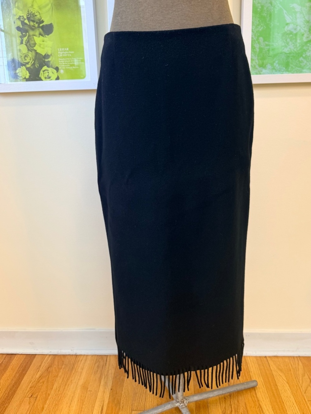 🖤 Vintage 90s Black Wool Fringe Midi Skirt